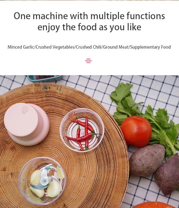 Electric Chopper - Portable Food Processor with Stainless Steel Blades, USB Rechargeable Mini Chopper for Meat, Vegetables, and Garlic