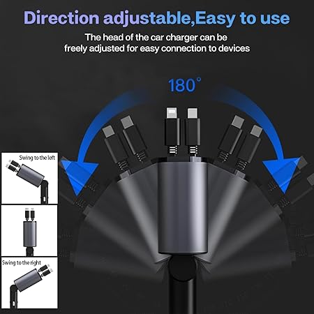 4-in-1 Retractable Car Charger - 66W Super Fast Charging, 31.5 Inch Retractable Cables, Dual USB Ports, Compatible with iPhone, iPad, Pixel, Android Phones & Tablets