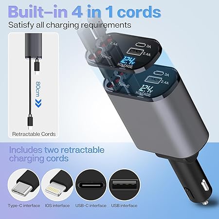 4-in-1 Retractable Car Charger - 66W Super Fast Charging, 31.5 Inch Retractable Cables, Dual USB Ports, Compatible with iPhone, iPad, Pixel, Android Phones & Tablets