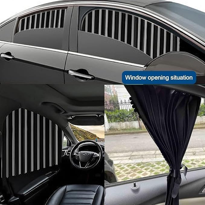4pcs Universal Fit Magnetic Foldable Car Window Privacy Curtains Sunshade Side Magnet Pleated Curtain - Removable (Black)