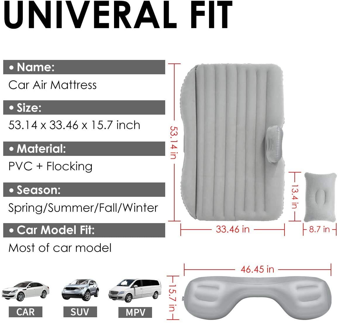 Inflatable Back Seat Bed with Pump & 2 Air Pillow|Car Bed For Kids,Travel,Trips,Camping,Picnic,Pool & Beach|Universal Fit|Grey