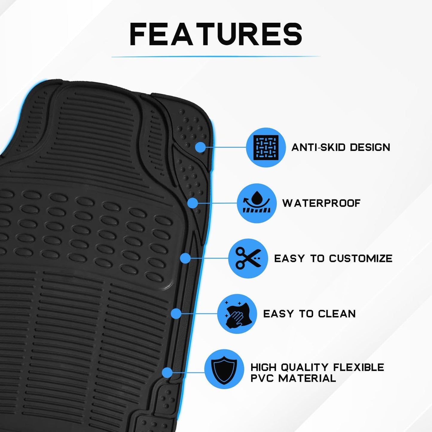 Anti-Skid Rubber Car Floor Mat for All Cars, Universal Size, Set of 4 Pieces, Black