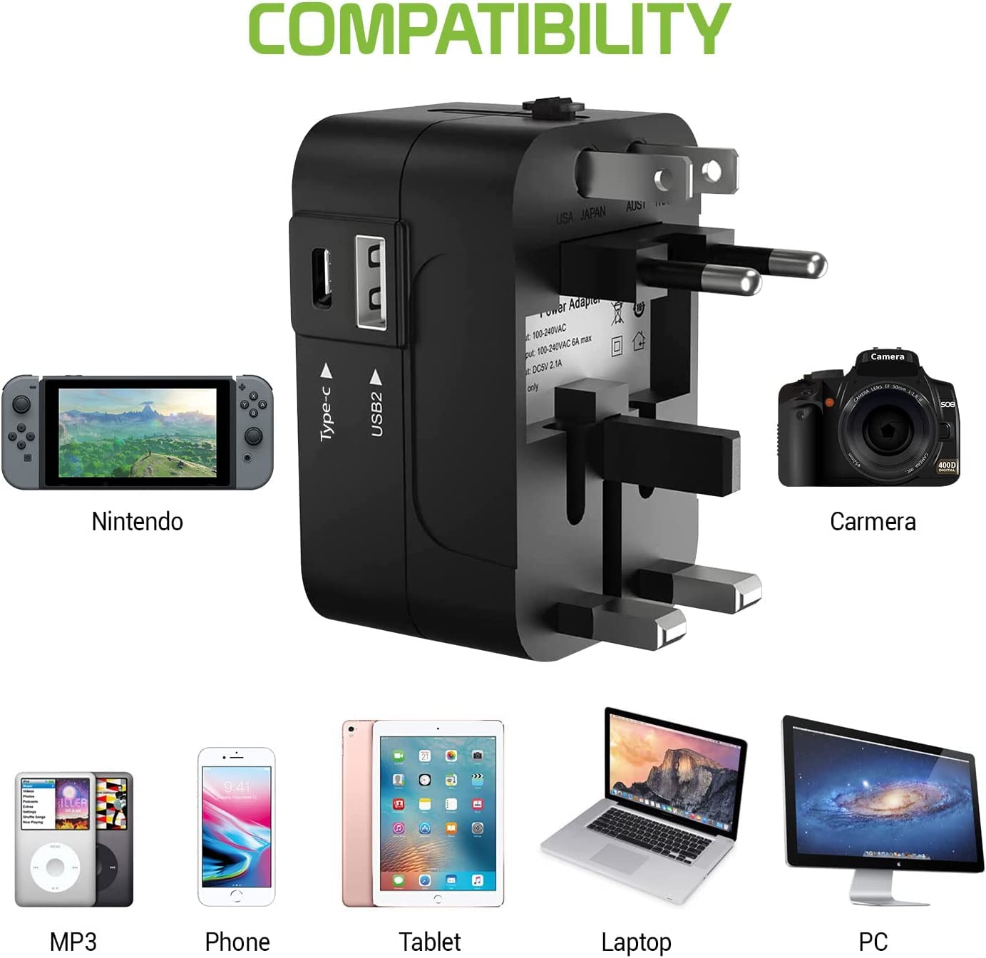 4 in 1 Universal Charger Adapter, 2 USB QC 3.0, 20W USB-C, All in One Fast Charging, International Travel Adapter for Phone, Laptop, Mobile, Tablet