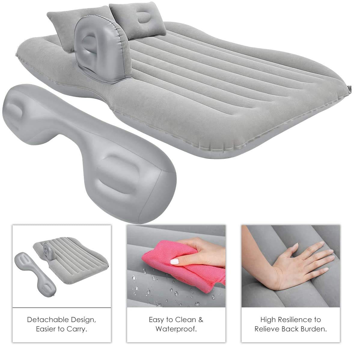 Inflatable Back Seat Bed with Pump & 2 Air Pillow|Car Bed For Kids,Travel,Trips,Camping,Picnic,Pool & Beach|Universal Fit|Grey