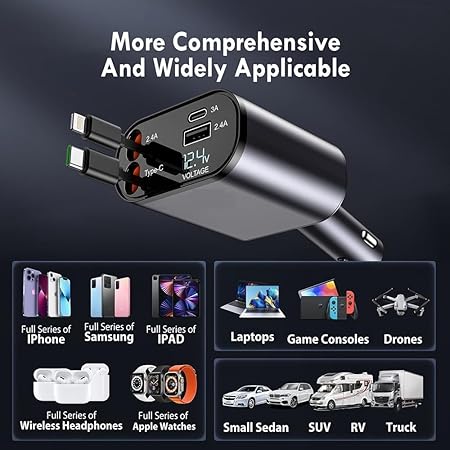 4-in-1 Retractable Car Charger - 66W Super Fast Charging, 31.5 Inch Retractable Cables, Dual USB Ports, Compatible with iPhone, iPad, Pixel, Android Phones & Tablets