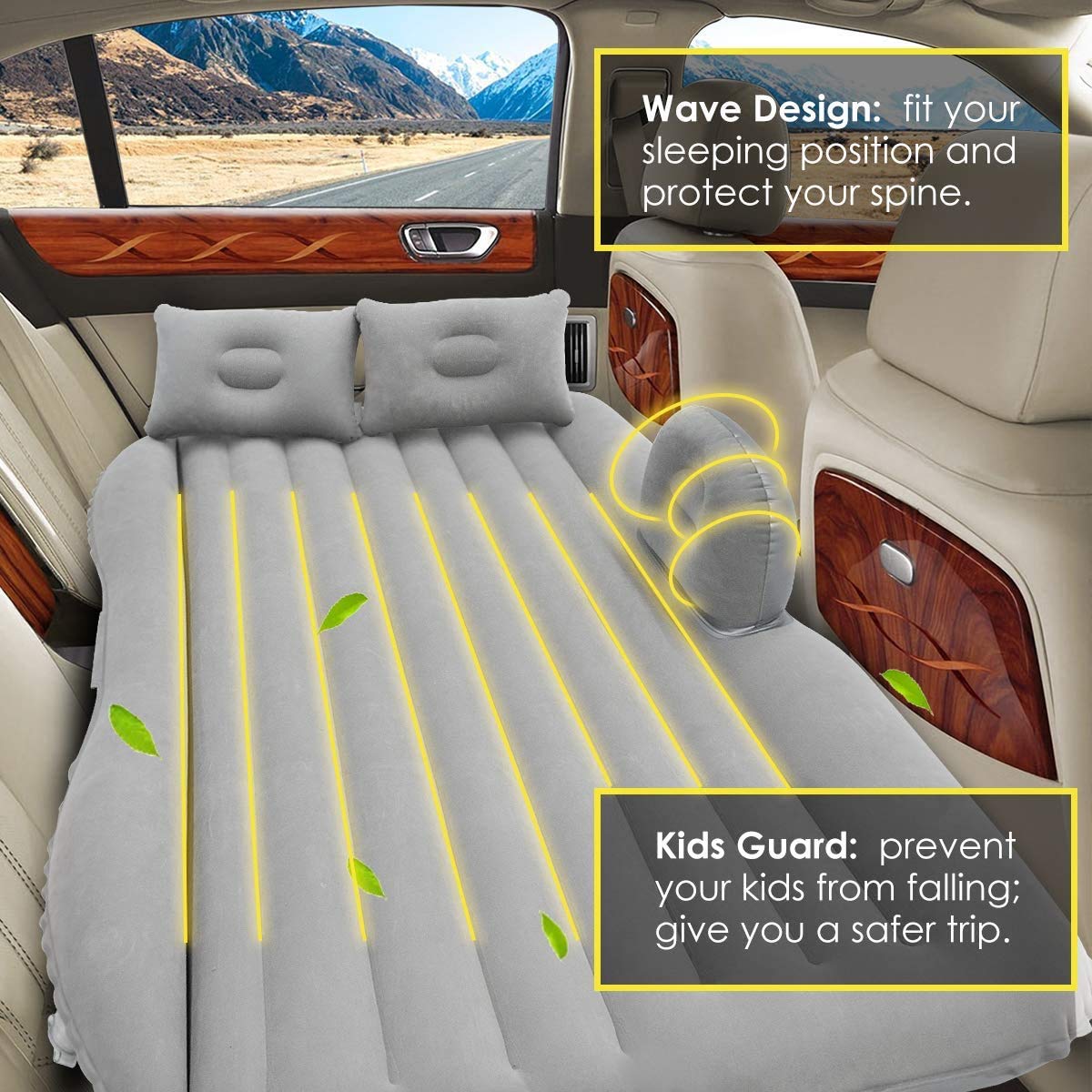 Inflatable Back Seat Bed with Pump & 2 Air Pillow|Car Bed For Kids,Travel,Trips,Camping,Picnic,Pool & Beach|Universal Fit|Grey