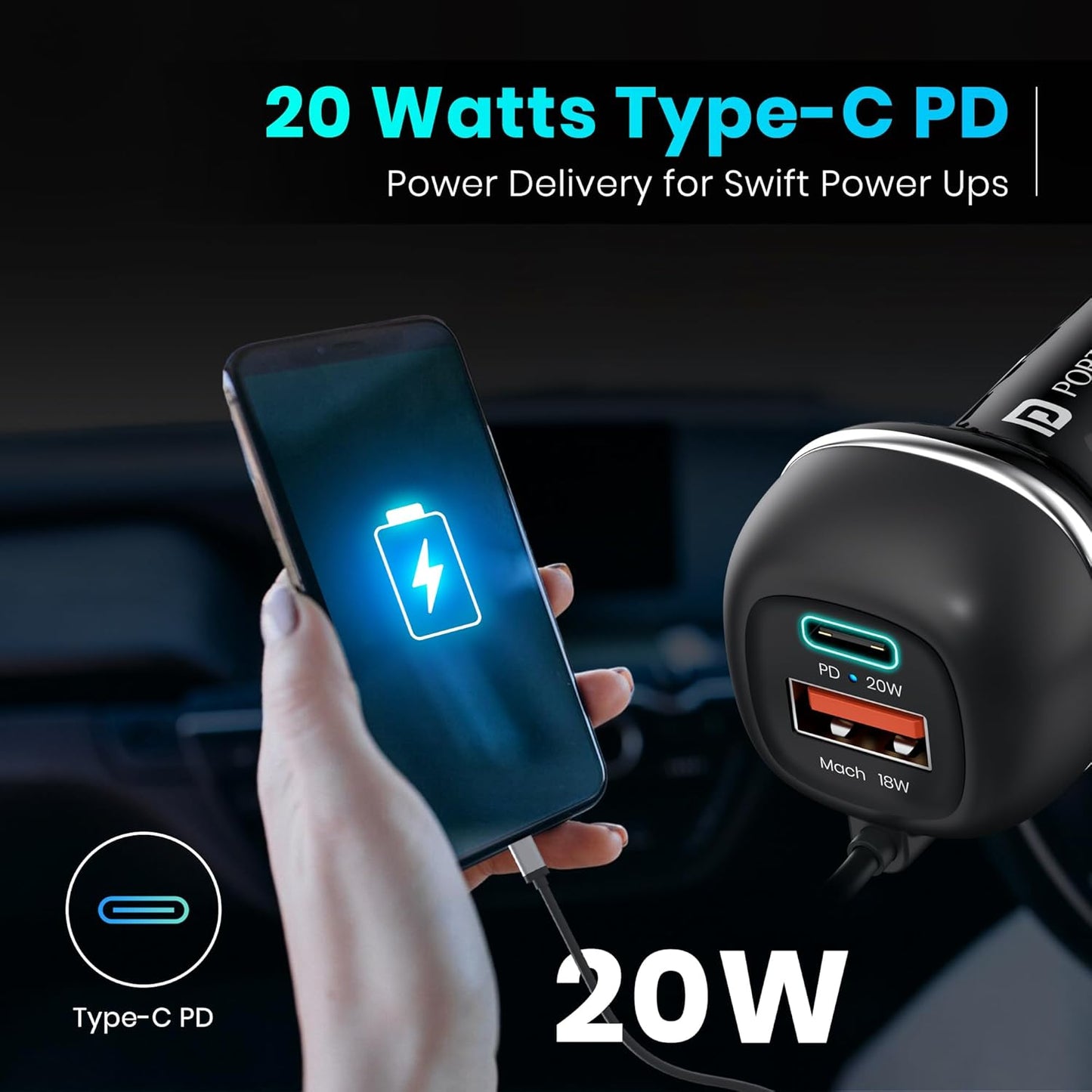 Car Power 1C Triple Output Fast Car Charger with 33W Type-C Cable, 20W Type-C PD, 18W USB Port, Fast Charging Adapter Compatible with Cars for iPhone & Android Smartphone (Black)