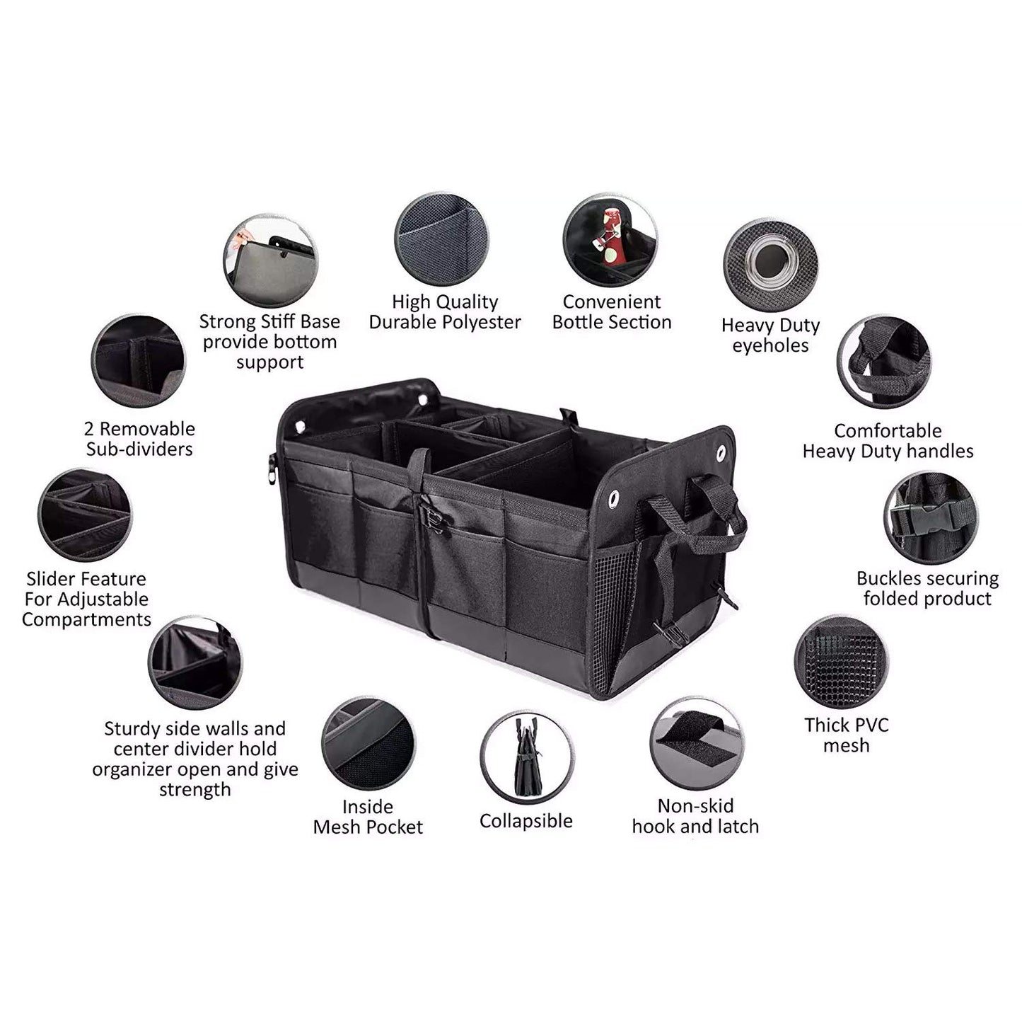 Polyester Multi Compartments Collapsible Portable Car Accessories (Black)