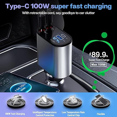 4-in-1 Retractable Car Charger - 66W Super Fast Charging, 31.5 Inch Retractable Cables, Dual USB Ports, Compatible with iPhone, iPad, Pixel, Android Phones & Tablets