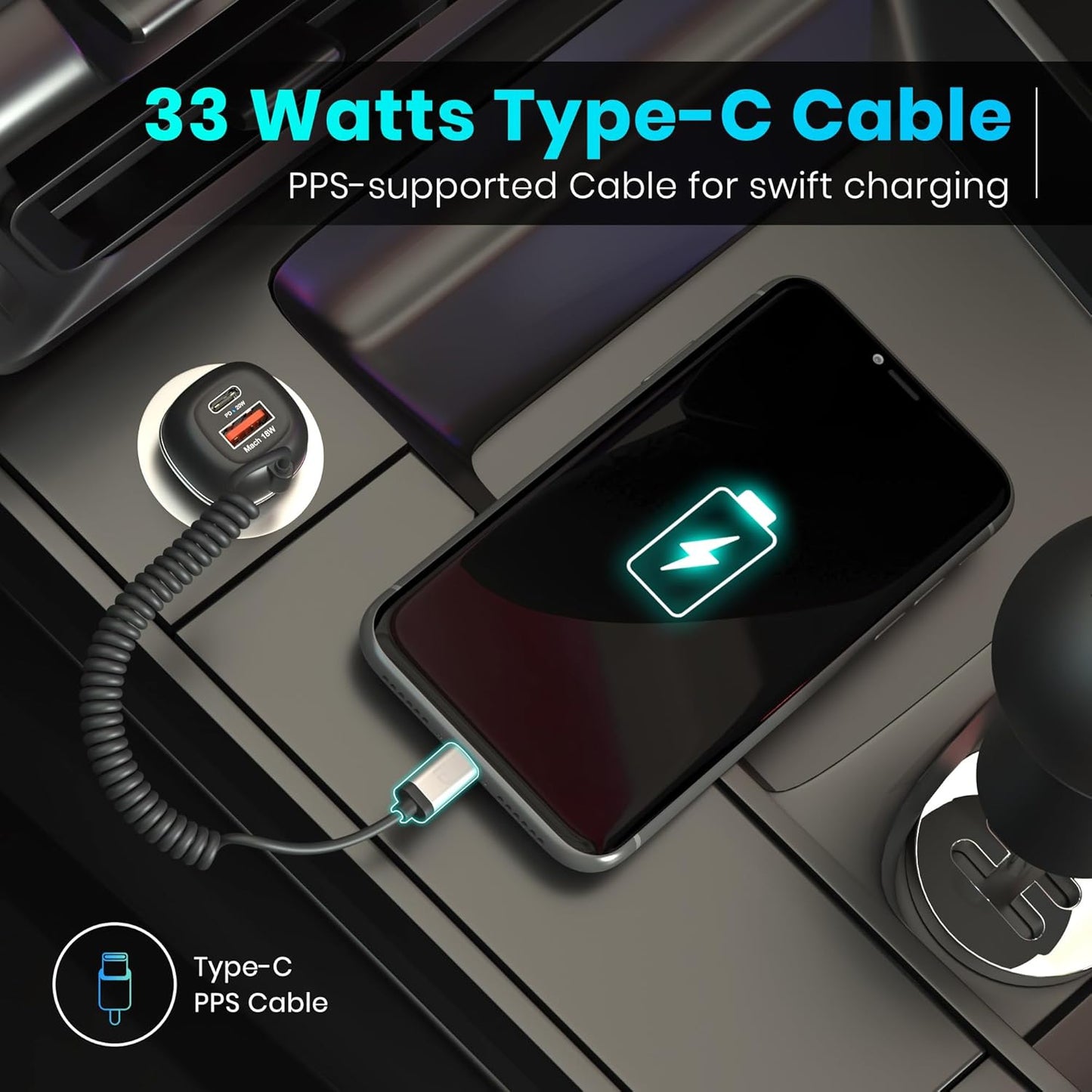 Car Power 1C Triple Output Fast Car Charger with 33W Type-C Cable, 20W Type-C PD, 18W USB Port, Fast Charging Adapter Compatible with Cars for iPhone & Android Smartphone (Black)