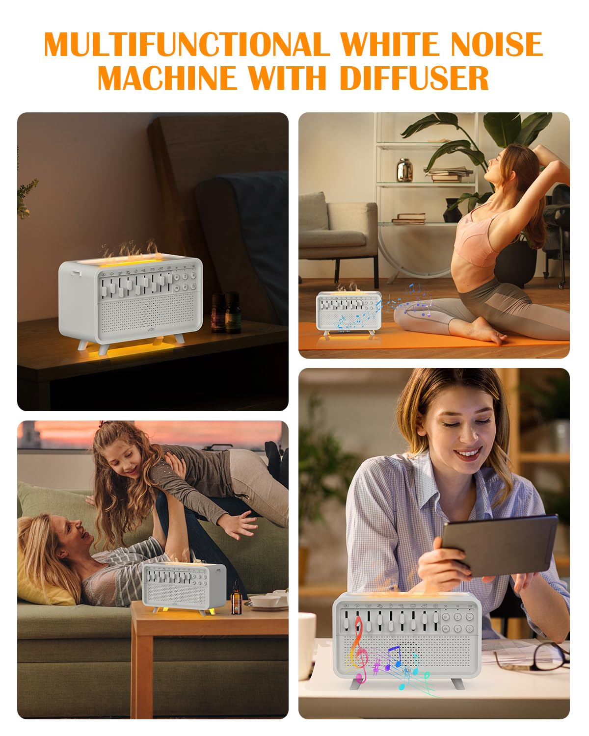 White Noise Sound Machine Essential Oil Diffusers for Home, Air Aroma Humidifier with 8 White Noise Effect & LED Night Light, Speaker, Timer, Plug in Design