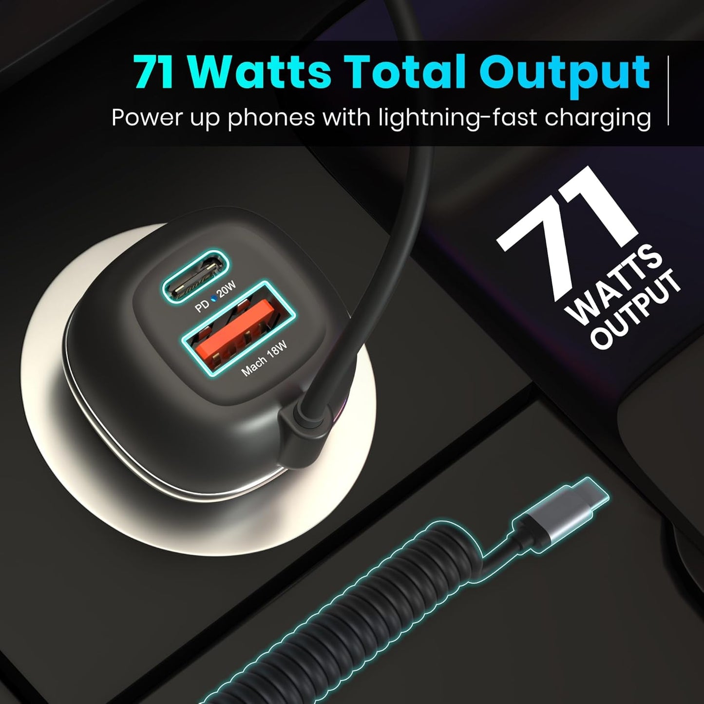 Car Power 1C Triple Output Fast Car Charger with 33W Type-C Cable, 20W Type-C PD, 18W USB Port, Fast Charging Adapter Compatible with Cars for iPhone & Android Smartphone (Black)