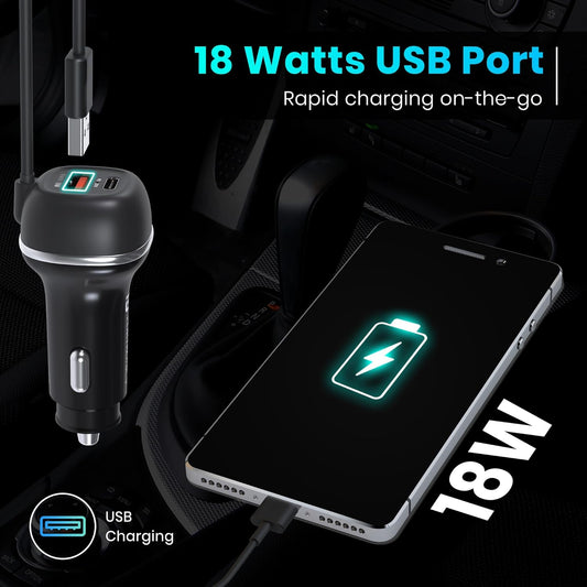 Car Power 1C Triple Output Fast Car Charger with 33W Type-C Cable, 20W Type-C PD, 18W USB Port, Fast Charging Adapter Compatible with Cars for iPhone & Android Smartphone (Black)