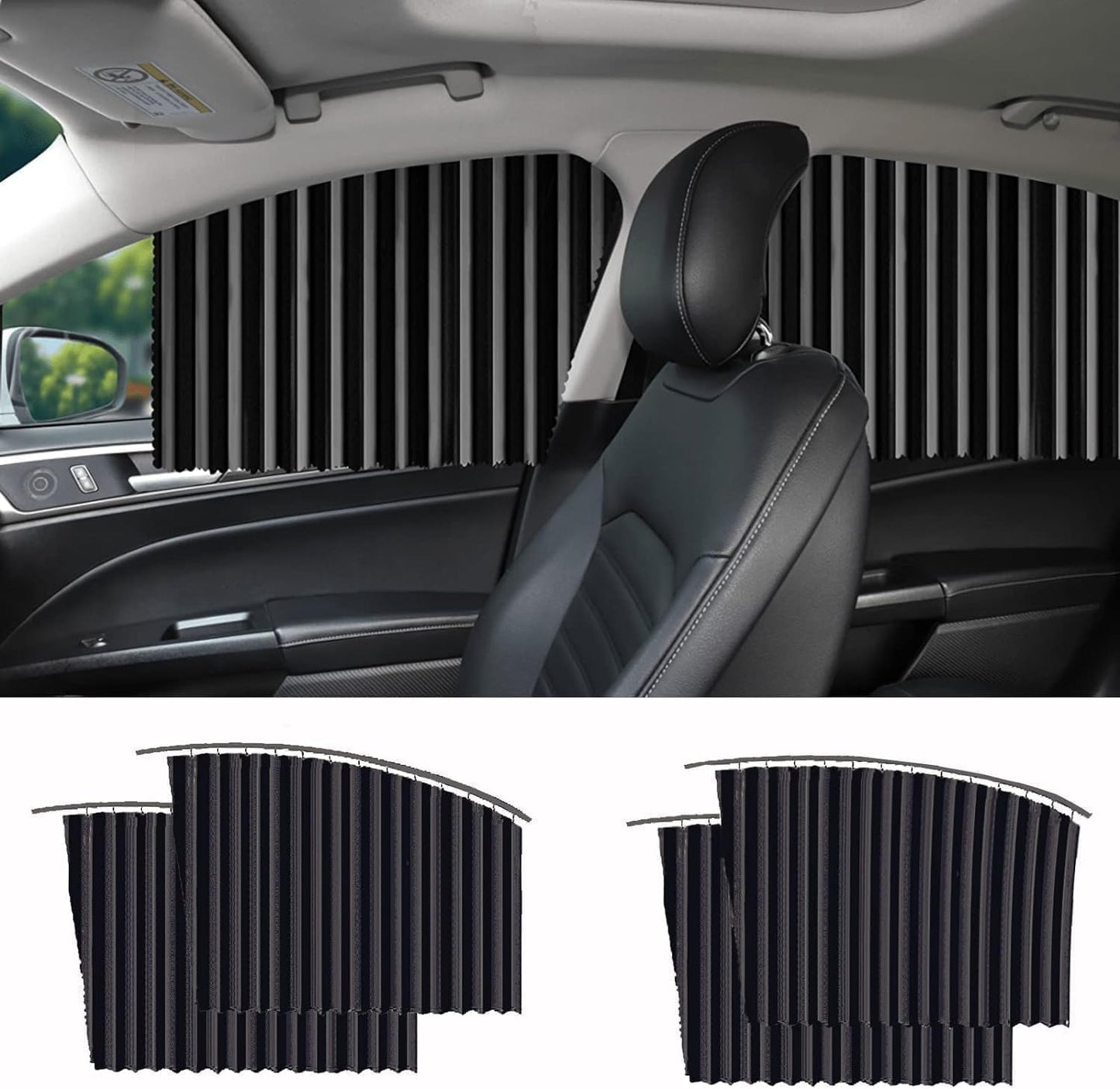 4pcs Universal Fit Magnetic Foldable Car Window Privacy Curtains Sunshade Side Magnet Pleated Curtain - Removable (Black)