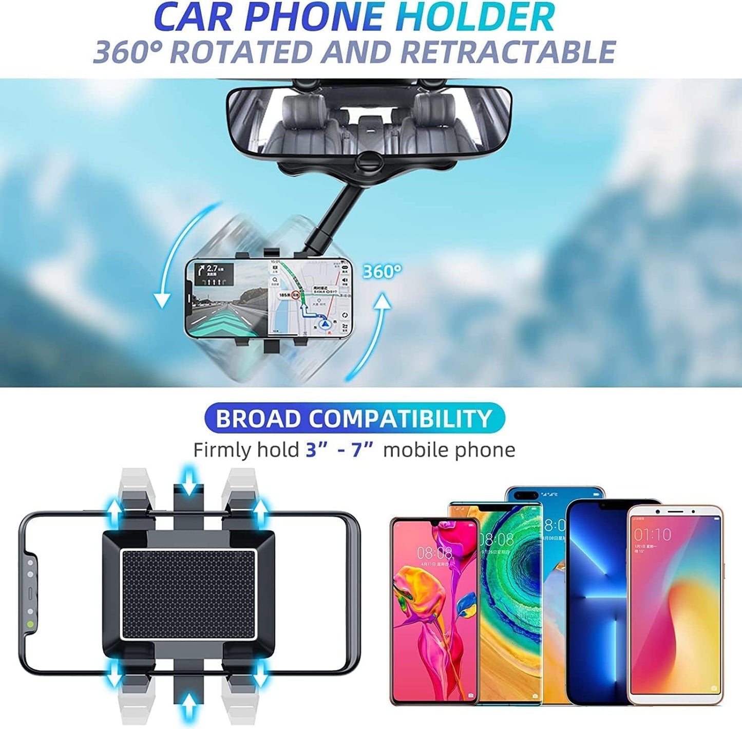 Mobile Holder for Car 360 Rotation, Driveease - Multifunctional Phone Mirror Rear View in Rotatable Stand Mount