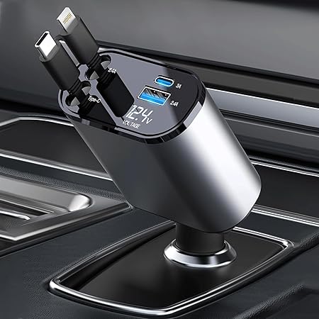 4-in-1 Retractable Car Charger - 66W Super Fast Charging, 31.5 Inch Retractable Cables, Dual USB Ports, Compatible with iPhone, iPad, Pixel, Android Phones & Tablets