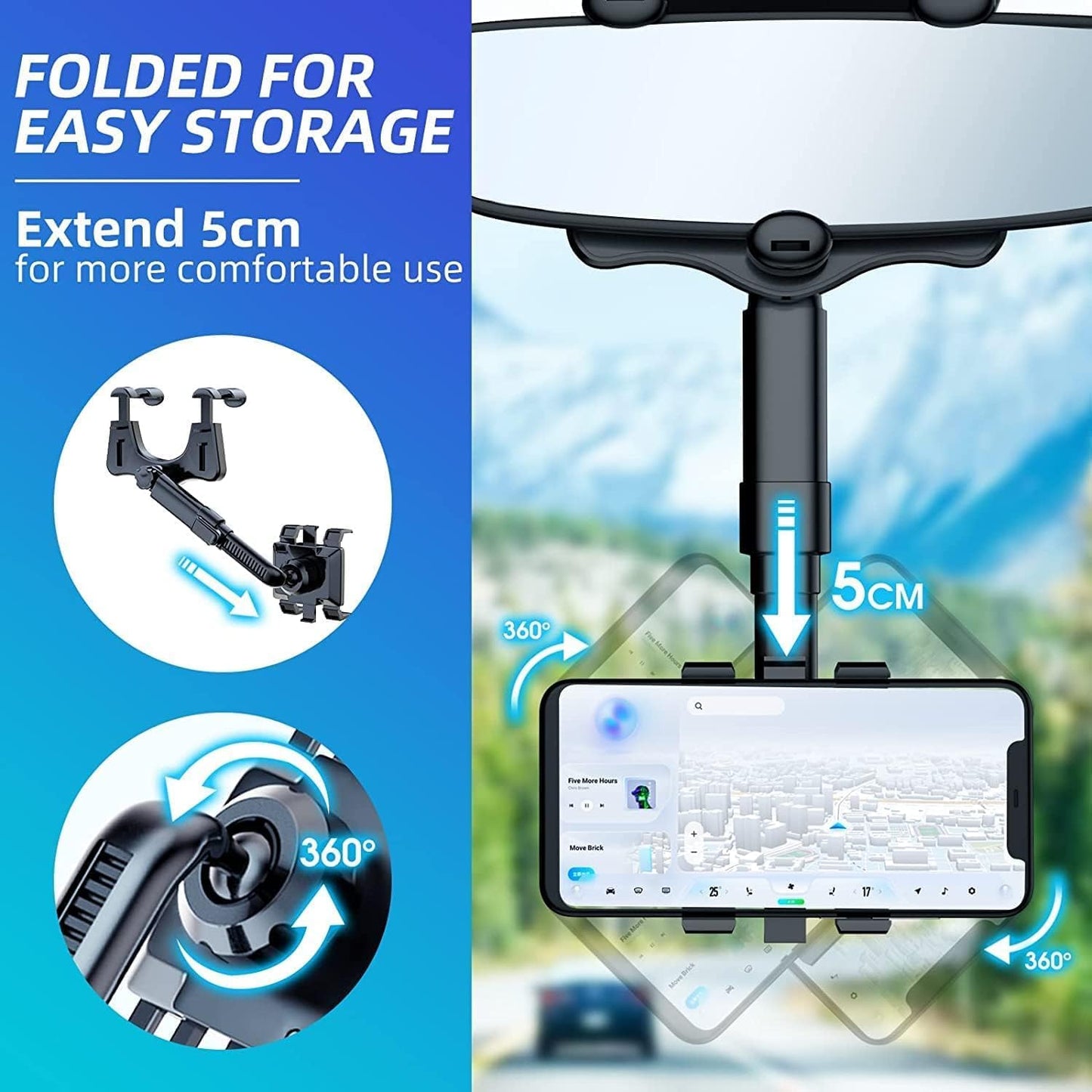 Mobile Holder for Car 360 Rotation, Driveease - Multifunctional Phone Mirror Rear View in Rotatable Stand Mount