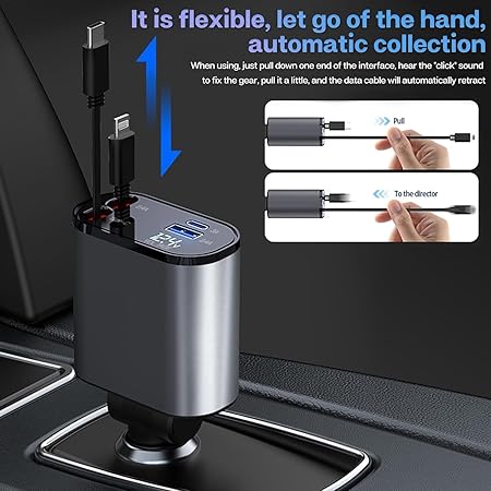 4-in-1 Retractable Car Charger - 66W Super Fast Charging, 31.5 Inch Retractable Cables, Dual USB Ports, Compatible with iPhone, iPad, Pixel, Android Phones & Tablets