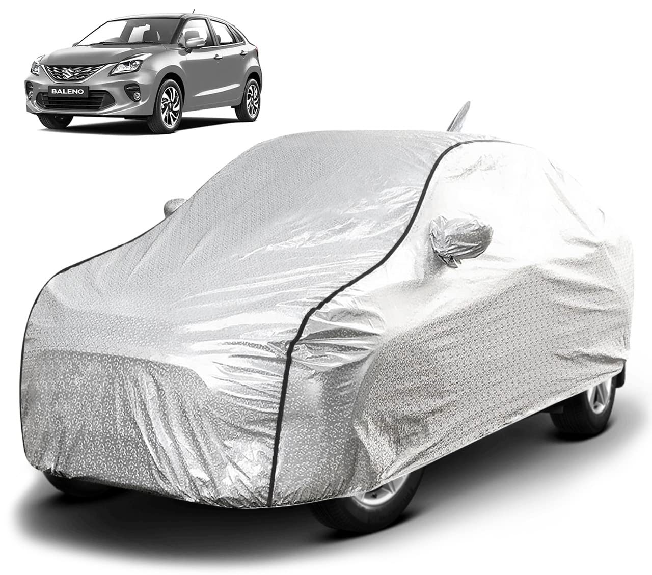 Waterproof Car Body Cover with Mirror and Antenna Pocket, Soft Cotton Lining, Triple Stitched (Heat Resistant Metallic Silver with Black Piping)