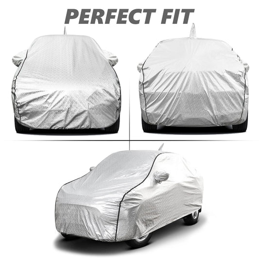 Waterproof Car Body Cover with Mirror and Antenna Pocket, Soft Cotton Lining, Triple Stitched (Heat Resistant Metallic Silver with Black Piping)