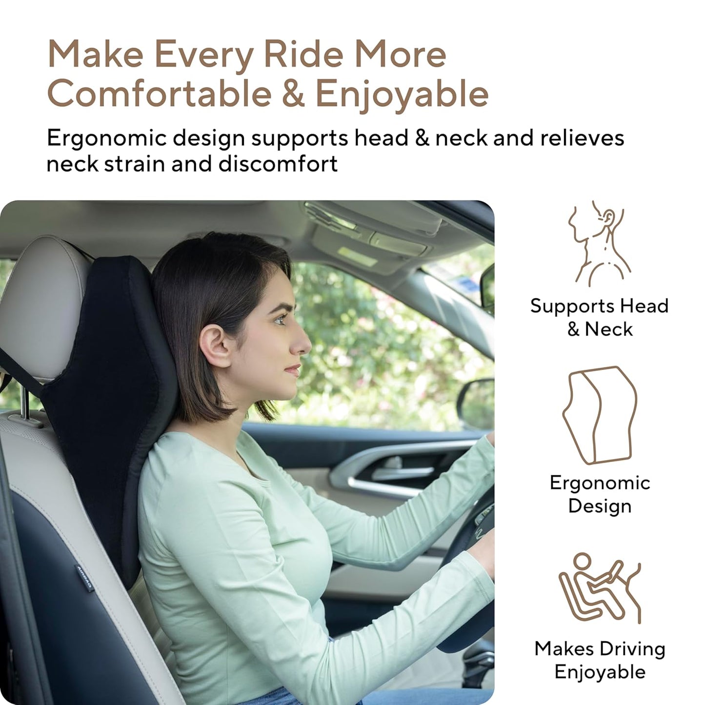 Memory Foam Neck Rest Pillow for Car, Car Seat Head Rest Cushion for Neck & Cervical Support (Large, Black, Pack of 1)
