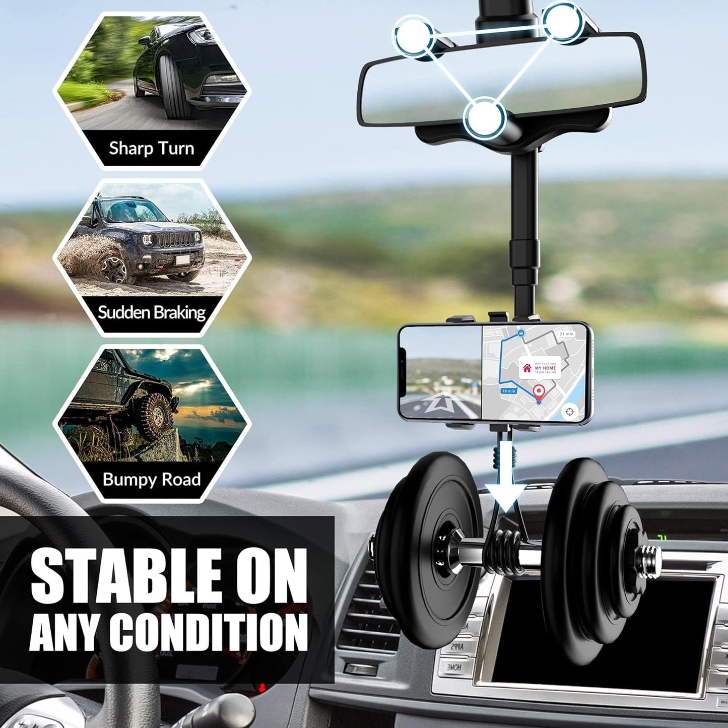 Mobile Holder for Car 360 Rotation, Driveease - Multifunctional Phone Mirror Rear View in Rotatable Stand Mount