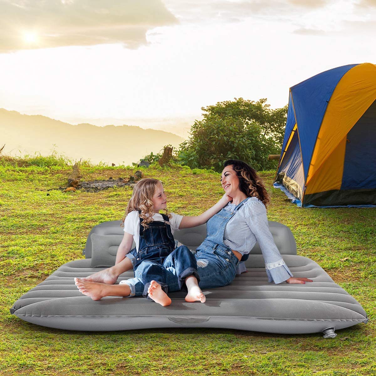 Inflatable Back Seat Bed with Pump & 2 Air Pillow|Car Bed For Kids,Travel,Trips,Camping,Picnic,Pool & Beach|Universal Fit|Grey