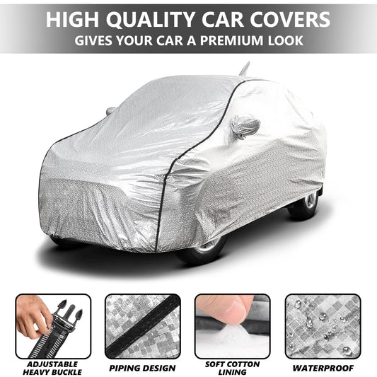 Waterproof Car Body Cover with Mirror and Antenna Pocket, Soft Cotton Lining, Triple Stitched (Heat Resistant Metallic Silver with Black Piping)