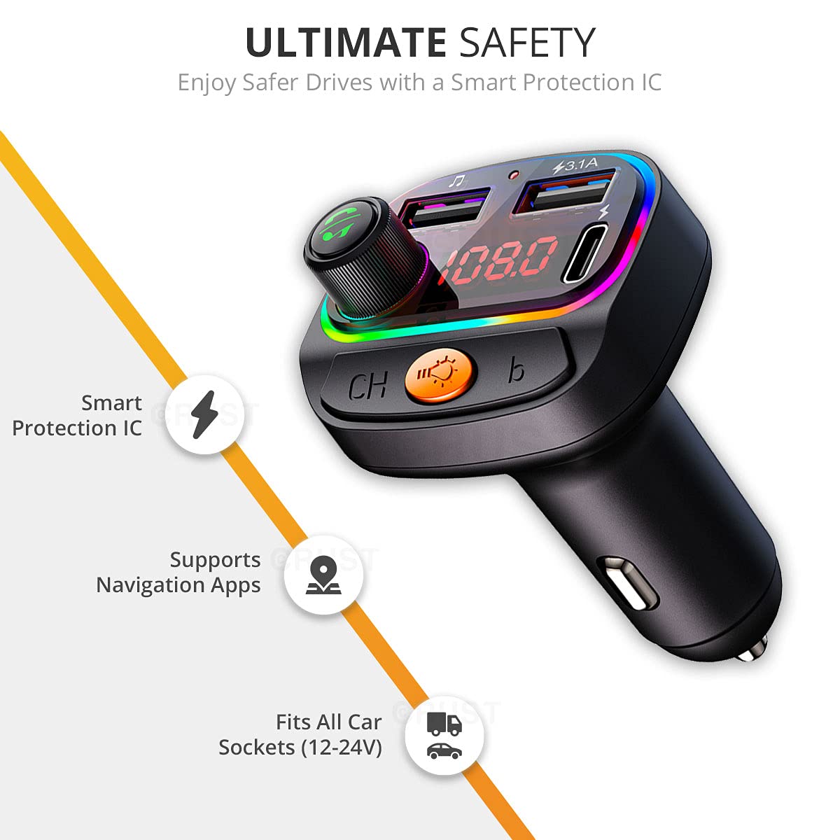 Car Bluetooth Device with Call Receiver, FM Transmitter for Music System & Dual USB + Type C Charger; 7 Color LED Lights; USB MP3 Support; Voice Assistant