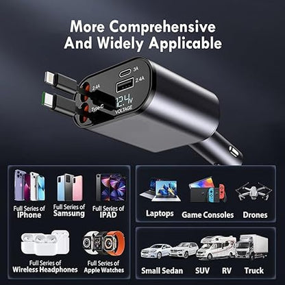 4-in-1 Retractable Car Charger - 66W Super Fast Charging, 31.5 Inch Retractable Cables, Dual USB Ports, Compatible with iPhone, iPad, Pixel, Android Phones & Tablets