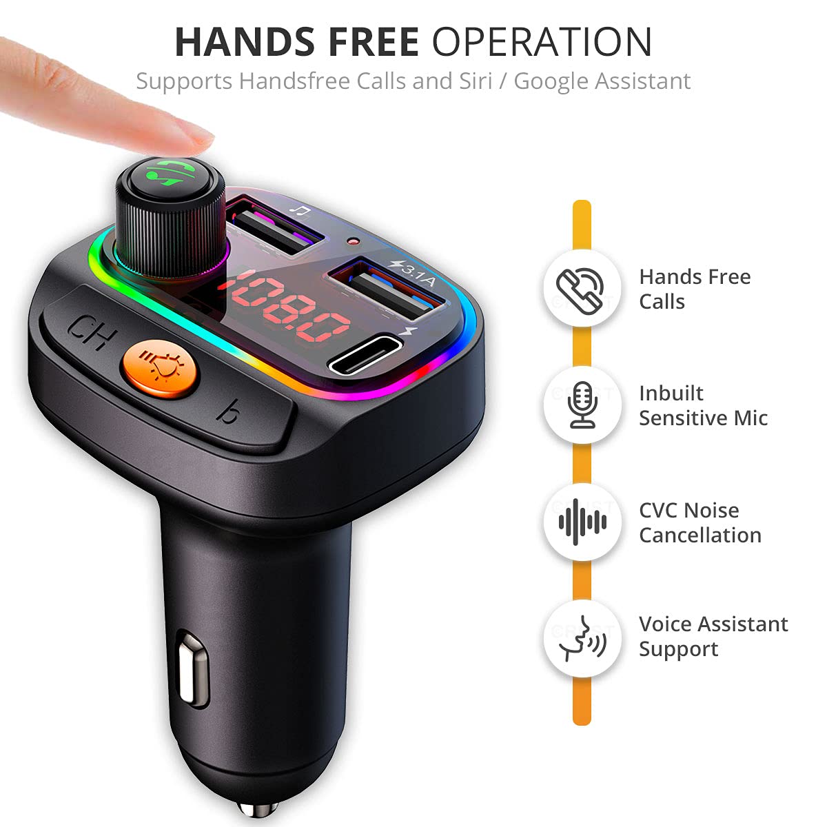Car Bluetooth Device with Call Receiver, FM Transmitter for Music System & Dual USB + Type C Charger; 7 Color LED Lights; USB MP3 Support; Voice Assistant