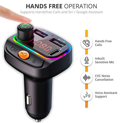 Car Bluetooth Device with Call Receiver, FM Transmitter for Music System & Dual USB + Type C Charger; 7 Color LED Lights; USB MP3 Support; Voice Assistant