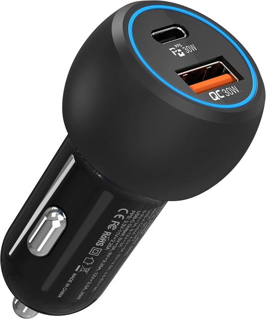 Car Power 1C Triple Output Fast Car Charger with 33W Type-C Cable, 20W Type-C PD, 18W USB Port, Fast Charging Adapter Compatible with Cars for iPhone & Android Smartphone (Black)