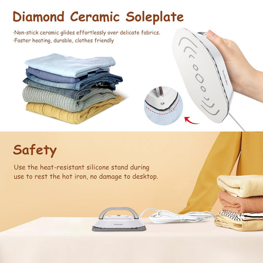 Newbealer Travel Mini Dry Iron for Clothes (No Steam), Non-Stick Ceramic Soleplate Ultra-Lightweight (Silver)