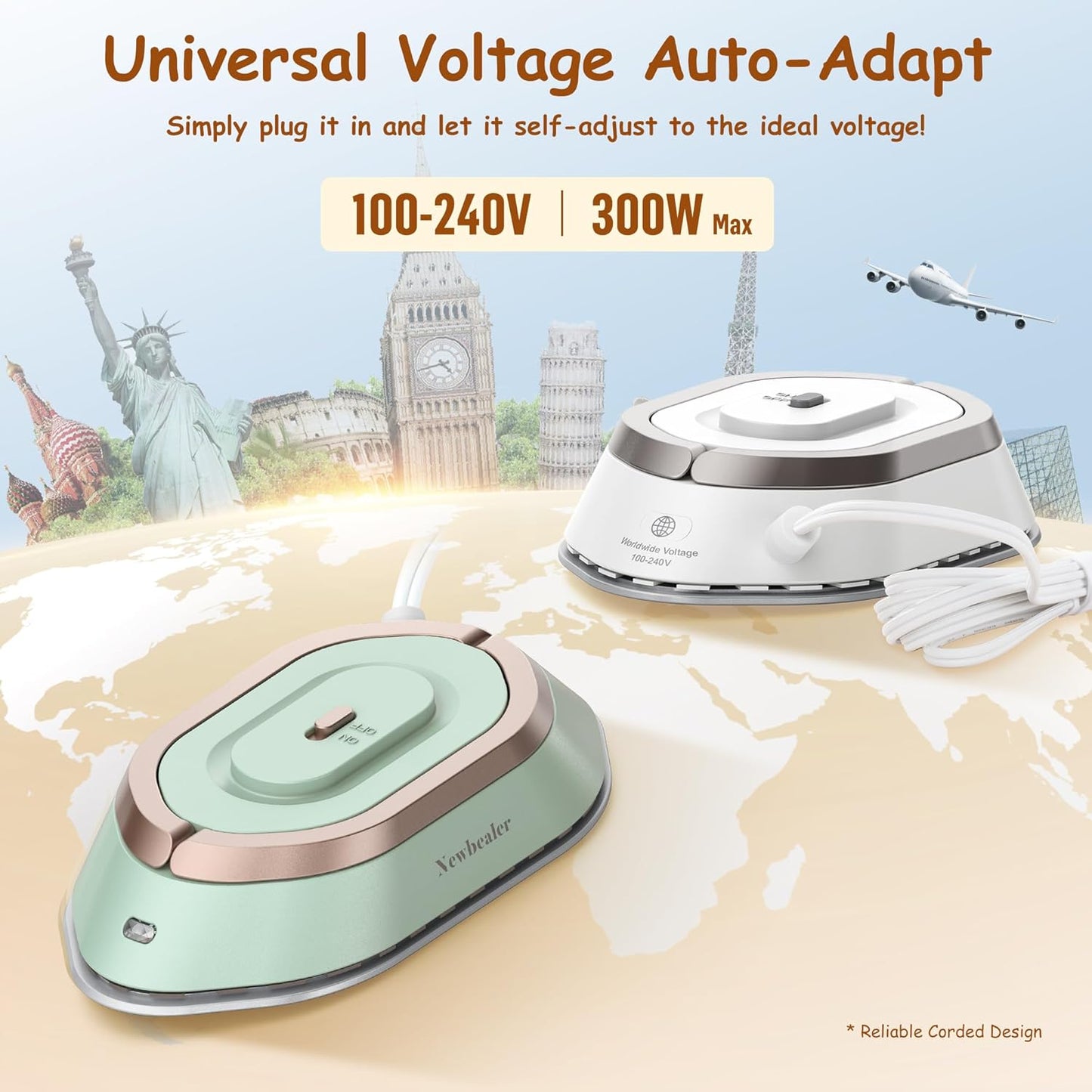 Newbealer Travel Mini Dry Iron for Clothes (No Steam), Non-Stick Ceramic Soleplate Ultra-Lightweight (Silver)