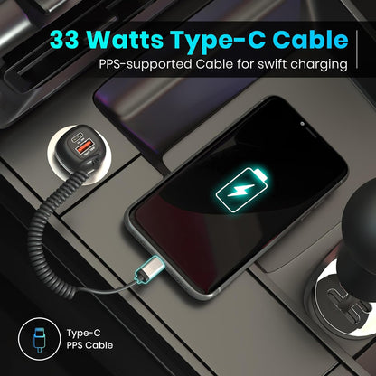 Car Power 1C Triple Output Fast Car Charger with 33W Type-C Cable, 20W Type-C PD, 18W USB Port, Fast Charging Adapter Compatible with Cars for iPhone & Android Smartphone (Black)