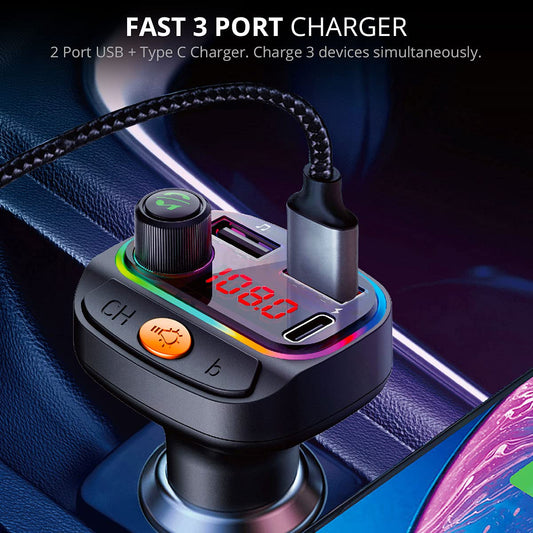 Car Bluetooth Device with Call Receiver, FM Transmitter for Music System & Dual USB + Type C Charger; 7 Color LED Lights; USB MP3 Support; Voice Assistant