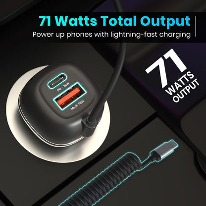 Car Power 1C Triple Output Fast Car Charger with 33W Type-C Cable, 20W Type-C PD, 18W USB Port, Fast Charging Adapter Compatible with Cars for iPhone & Android Smartphone (Black)
