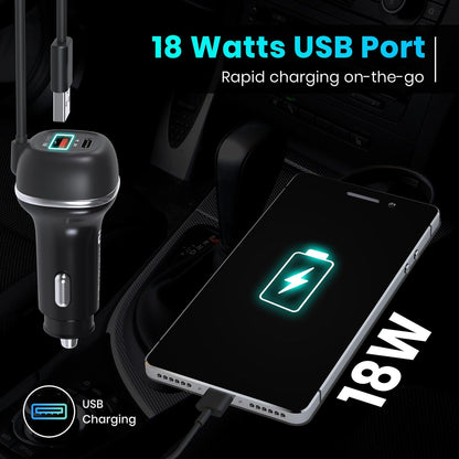 Car Power 1C Triple Output Fast Car Charger with 33W Type-C Cable, 20W Type-C PD, 18W USB Port, Fast Charging Adapter Compatible with Cars for iPhone & Android Smartphone (Black)
