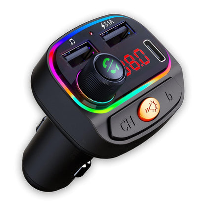 Car Bluetooth Device with Call Receiver, FM Transmitter for Music System & Dual USB + Type C Charger; 7 Color LED Lights; USB MP3 Support; Voice Assistant