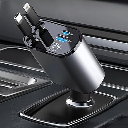 4-in-1 Retractable Car Charger - 66W Super Fast Charging, 31.5 Inch Retractable Cables, Dual USB Ports, Compatible with iPhone, iPad, Pixel, Android Phones & Tablets