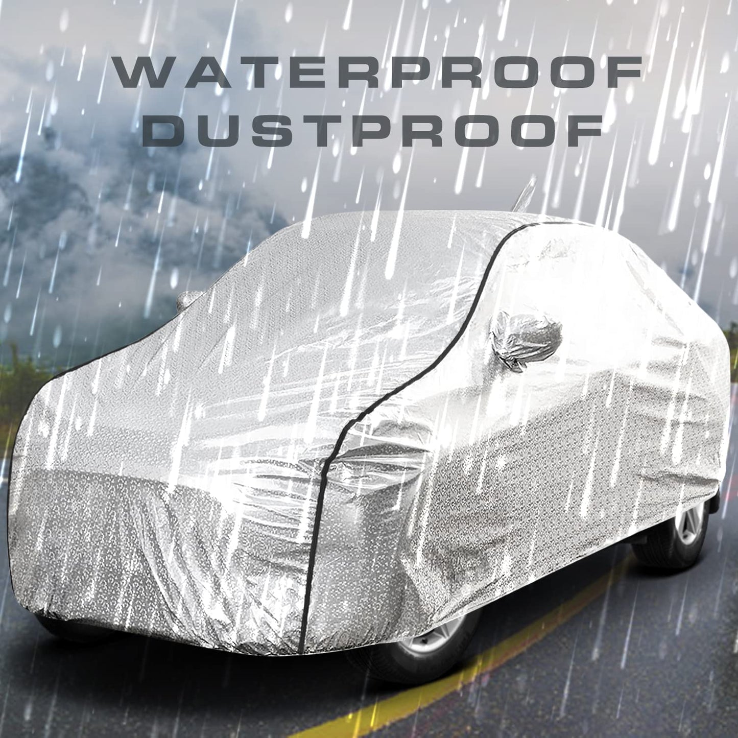 Waterproof Car Body Cover with Mirror and Antenna Pocket, Soft Cotton Lining, Triple Stitched (Heat Resistant Metallic Silver with Black Piping)