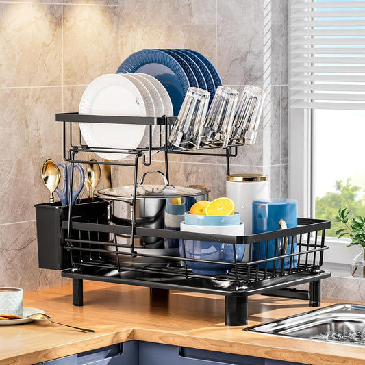 Dish Drying Rack, Space-Saving Dish Racks for Kitchen Counter with Drainboard, Utensil Holder Cups Holder Plate Rack and Automatic Drainage Drainboard