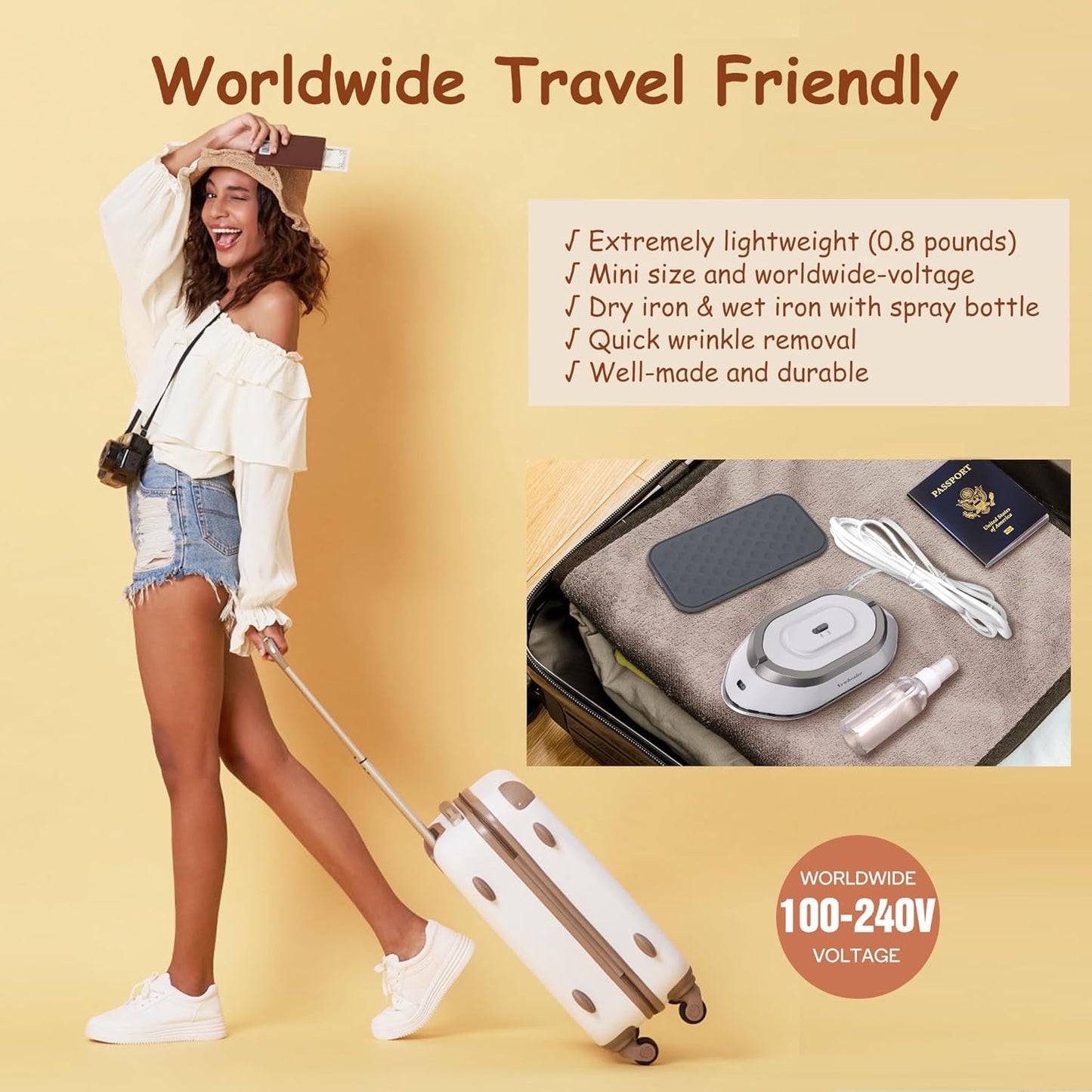 Newbealer Travel Mini Dry Iron for Clothes (No Steam), Non-Stick Ceramic Soleplate Ultra-Lightweight (Silver)