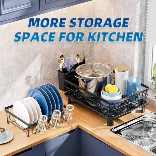 Dish Drying Rack, Space-Saving Dish Racks for Kitchen Counter with Drainboard, Utensil Holder Cups Holder Plate Rack and Automatic Drainage Drainboard