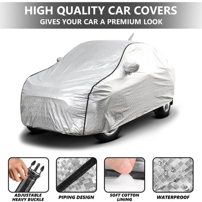 Waterproof Car Body Cover with Mirror and Antenna Pocket, Soft Cotton Lining, Triple Stitched (Heat Resistant Metallic Silver with Black Piping)
